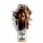 Imagem artística de um leão e um homem com barba, simbolizando o conceito do "Leão de Judá", com uma cruz estilizada ao fundo e cores vibrantes.