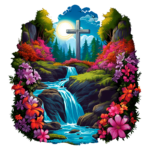 Cruz de madeira em um cenário natural vibrante, com uma cachoeira fluindo entre rochas, cercada por flores coloridas e árvores ao fundo sob um céu ensolarado.