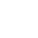 Texto em inglês "God is love" estilizado com um coração, representando a mensagem de amor divino.