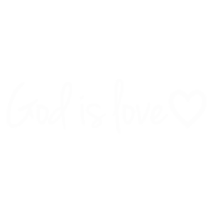 Texto em inglês "God is love" estilizado com um coração, representando a mensagem de amor divino.