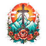 Cruz estilizada em um cenário montanhoso, cercada por flores vibrantes e um sol radiante ao fundo, simbolizando fé e natureza.