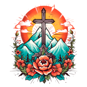 Cruz estilizada em um cenário montanhoso, cercada por flores vibrantes e um sol radiante ao fundo, simbolizando fé e natureza.