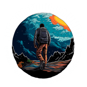 Imagem de um homem caminhando em uma trilha montanhosa sob um céu estrelado, com a frase "Ide por todo o mundo, pregai o evangelho a toda criatura" em destaque. O cenário transmite uma mensagem de evangelização e exploração.