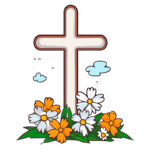 Cruz branca decorada com flores coloridas, incluindo margaridas e flores laranjas, com nuvens no fundo. Ideal para temas de fé, primavera e homenagens.