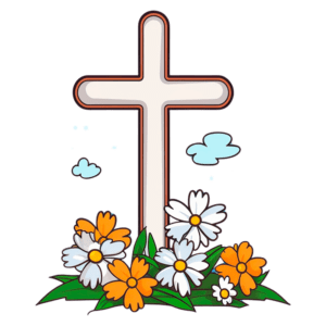 Cruz branca decorada com flores coloridas, incluindo margaridas e flores laranjas, com nuvens no fundo. Ideal para temas de fé, primavera e homenagens.