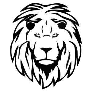 Cabeça de leão estilizada em preto, destacando detalhes como olhos expressivos e uma juba volumosa. Ideal para projetos relacionados à natureza, vida selvagem ou simbolismo de força e coragem.