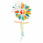 Ilustração colorida de uma flor com pétalas vibrantes e uma esfera central que contém uma cruz, simbolizando a fé em Jesus. O texto "Jesus" está estilizado na haste da flor, refletindo uma mensagem de esperança e espiritualidade.