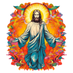 Imagem colorida de Jesus Cristo com os braços abertos, cercado por um fundo vibrante de flores e padrões, simbolizando amor e acolhimento.