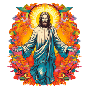 Imagem colorida de Jesus Cristo com os braços abertos, cercado por um fundo vibrante de flores e padrões, simbolizando amor e acolhimento.