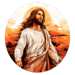 Ilustração de Jesus Cristo com cabelos longos e barba, vestido com túnica branca e manto marrom, caminhando em direção a um pôr do sol laranja e dourado, simbolizando esperança e espiritualidade.