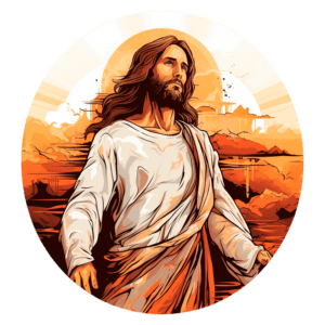 Ilustração de Jesus Cristo com cabelos longos e barba, vestido com túnica branca e manto marrom, caminhando em direção a um pôr do sol laranja e dourado, simbolizando esperança e espiritualidade.