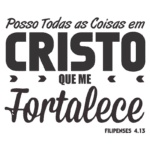 Texto motivacional com a frase "Posso Todas as Coisas em Cristo que me Fortalece" em destaque, inspirado em Filipenses 4:13, com um design moderno e tipografia marcante.
