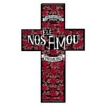 Cruz decorativa com flores em tons de rosa, contendo a frase "Ele nos amou primeiro" em destaque, simbolizando amor e fé. Ideal para temas religiosos e de espiritualidade.