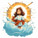 Ilustração de Jesus Cristo flutuando sobre nuvens, rodeado por raios de luz, simbolizando a divindade e a espiritualidade. A imagem reflete uma representação artística e positiva, destacando a figura central com uma vestimenta tradicional e um semblante amigável.