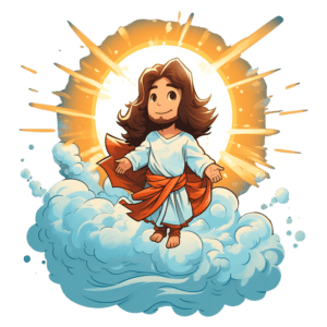 Ilustração de Jesus Cristo flutuando sobre nuvens, rodeado por raios de luz, simbolizando a divindade e a espiritualidade. A imagem reflete uma representação artística e positiva, destacando a figura central com uma vestimenta tradicional e um semblante amigável.