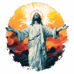 Imagem artística de Jesus Cristo com os braços abertos, envolto por um fundo vibrante de cores quentes, simbolizando luz e espiritualidade.