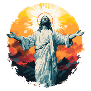 Imagem artística de Jesus Cristo com os braços abertos, envolto por um fundo vibrante de cores quentes, simbolizando luz e espiritualidade.