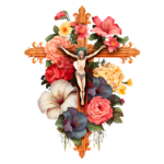 Crucifixo decorado com flores coloridas, incluindo hibiscos, rosas e flores brancas, representando um contraste entre a religiosidade e a beleza natural.