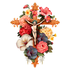 Crucifixo decorado com flores coloridas, incluindo hibiscos, rosas e flores brancas, representando um contraste entre a religiosidade e a beleza natural.