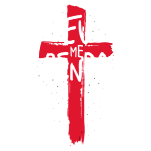 Texto em destaque "Eu me rendo" sobre uma cruz vermelha, simbolizando entrega e fé cristã. Ideal para temas religiosos e de espiritualidade.