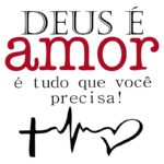 Texto com a frase "Deus é amor, é tudo que você precisa!" em estilo tipográfico, acompanhado de ilustrações de um coração e um gráfico de frequência cardíaca, simbolizando amor e vida.