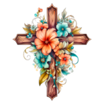 Cruz decorada com flores coloridas, incluindo hibiscos e flores azuis, com detalhes em folhas verdes, simbolizando a união entre fé e natureza.