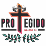 Logotipo com uma cruz estilizada e coroa de espinhos, acompanhado do texto "PROTEGIDO SALMO 91", simbolizando proteção e fé cristã. Design moderno com elementos gráficos que remetem à espiritualidade.