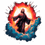 Imagem de uma representação artística de Jesus Cristo, envolto em nuvens e luz radiante, simbolizando a ressurreição e divindade, com um fundo vibrante em tons de vermelho e amarelo.
