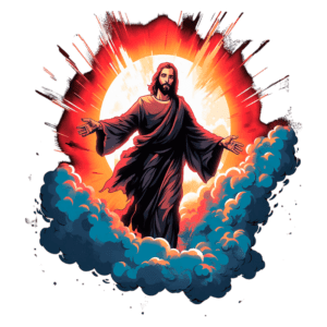 Imagem de uma representação artística de Jesus Cristo, envolto em nuvens e luz radiante, simbolizando a ressurreição e divindade, com um fundo vibrante em tons de vermelho e amarelo.