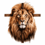 Cabeça de leão majestosa com detalhes realistas, sobreposta a uma cruz de madeira, simbolizando força e espiritualidade. Fundo verde destaca a imagem.