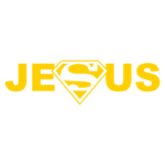 Texto em destaque com a palavra "Jesus" estilizada com o símbolo do Superman, representando a força e a fé.