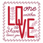 Imagem com a frase "Ame uns aos outros como eu vos amei", decorada com elementos florais em rosa e vermelho, ideal para temas de amor e amizade.