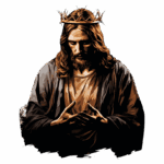 Imagem de Jesus Cristo com uma coroa, em pose contemplativa, simbolizando realeza e espiritualidade. O fundo é verde, destacando a figura central.