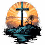 Cruz em um rochedo com pôr do sol ao fundo, simbolizando fé e esperança, cercada por árvores e reflexos na água.