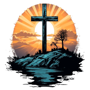 Cruz em um rochedo com pôr do sol ao fundo, simbolizando fé e esperança, cercada por árvores e reflexos na água.