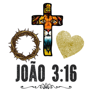Imagem com uma cruz estilizada, representando Jesus, decorada com a face de um leão, cercada por uma coroa de espinhos e um coração dourado. Inclui a referência bíblica "João 3:16", simbolizando amor e sacrifício.