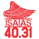 Imagem com a frase "Isaías 40.31" acompanhada de uma asa estilizada, em vermelho. A arte representa força e inspiração, evocando a mensagem bíblica de renovação e esperança.
