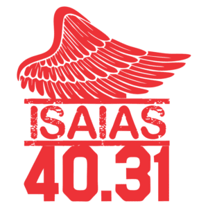 Imagem com a frase "Isaías 40.31" acompanhada de uma asa estilizada, em vermelho. A arte representa força e inspiração, evocando a mensagem bíblica de renovação e esperança.