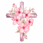 Cruz decorada com flores rosa, simbolizando fé e renovação, ideal para ilustrações religiosas e designs inspiradores.