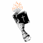 Imagem de uma mão robótica segurando uma Bíblia com uma cruz, da qual saem chamas e ramos, simbolizando a fusão entre tecnologia e espiritualidade.