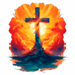 Cruz estilizada em meio a nuvens vibrantes e um sol radiante ao fundo, simbolizando fé e espiritualidade. A imagem apresenta cores quentes e um contraste marcante, evocando uma sensação de esperança e renovação.