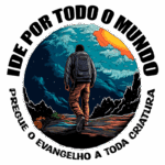 Imagem de uma pessoa caminhando em direção a um horizonte iluminado por um pôr do sol, com a frase "IDE POR TODO O MUNDO" e "Pregue o evangelho a toda criatura" em destaque. A cena transmite uma mensagem de evangelização e exploração.