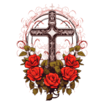 Cristo decorativo com cruz ornamentada cercada por rosas vermelhas e folhagem verde, simbolizando fé e amor.