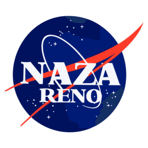 Logotipo da NAZA Reno, apresentando um fundo azul com estrelas e um anel orbital, simbolizando exploração espacial e inovação.