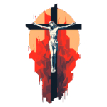 Imagem estilizada de Jesus Cristo crucificado em uma cruz negra, com um fundo laranja e elementos geométricos vermelhos, simbolizando a paixão e o sacrifício.