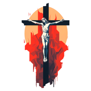 Imagem estilizada de Jesus Cristo crucificado em uma cruz negra, com um fundo laranja e elementos geométricos vermelhos, simbolizando a paixão e o sacrifício.