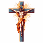 Cristo crucificado em uma cruz com auréola, envolto por raios de luz, simbolizando a redenção e a fé cristã. A imagem destaca a expressão serena de Jesus e as vestes coloridas.