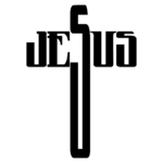 Logotipo estilizado com a palavra "Jesus" integrada a uma cruz, simbolizando a fé cristã.