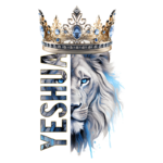 Imagem de um leão majestoso com uma coroa ornamental, apresentando os olhos azuis e uma expressão forte. O texto "YESHUA" aparece em destaque ao lado do leão, simbolizando força e realeza. A paleta de cores combina tons de azul e dourado, refletindo um tema de poder e espiritualidade.