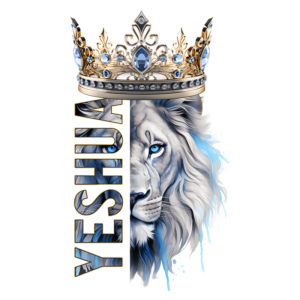 Imagem de um leão majestoso com uma coroa ornamental, apresentando os olhos azuis e uma expressão forte. O texto "YESHUA" aparece em destaque ao lado do leão, simbolizando força e realeza. A paleta de cores combina tons de azul e dourado, refletindo um tema de poder e espiritualidade.